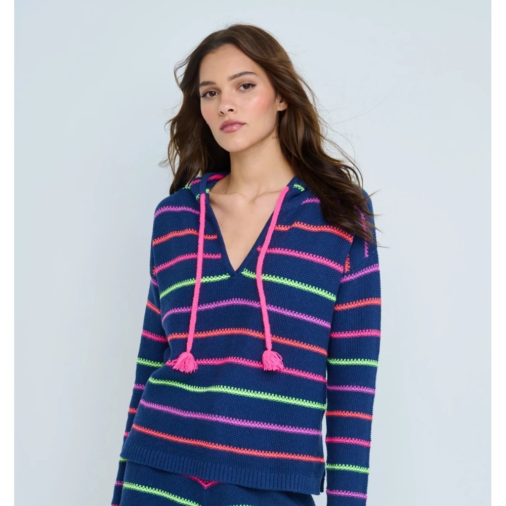 Lisa‎ Todd Sweater Womens Medium Navy Striped Cotton Neon Hooded Knit Top